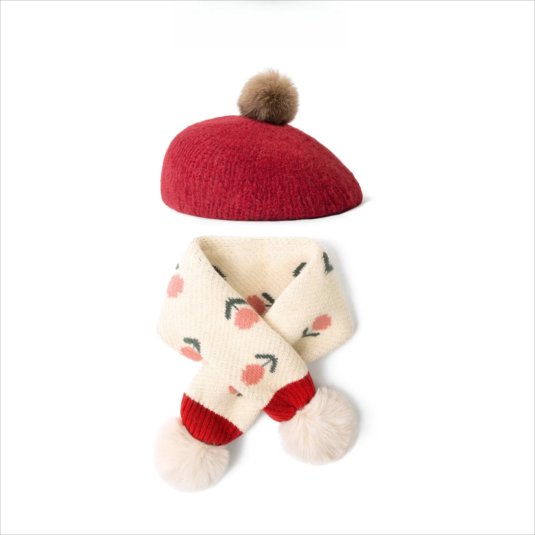 

Children's Warm Velvet Scarf And Beret Set - Hat Caps Autumn Winter Fashion for Girls Red Windproof Accessories