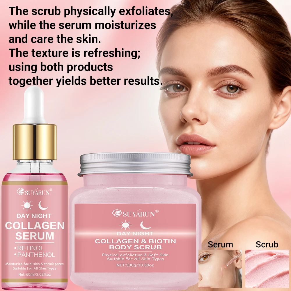 SUYARUN Collagen Serum & Scrub Set - Intensive Exfoliating, Moisturizing & Revitalizing Combo for Glowing Skin.