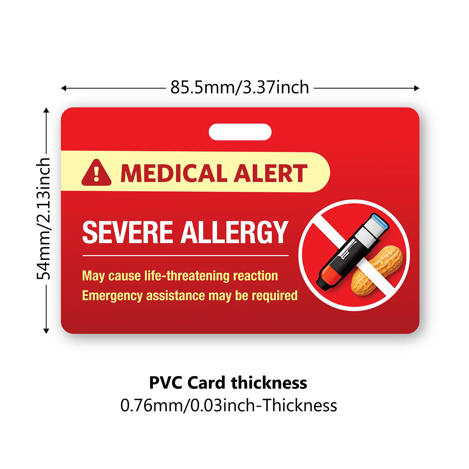 1SET, Medical Alert Card Severe Allergy Warning PVC Waterproof Emergency Allergy ID Card with Lanyard, Writable Back Info & Sign