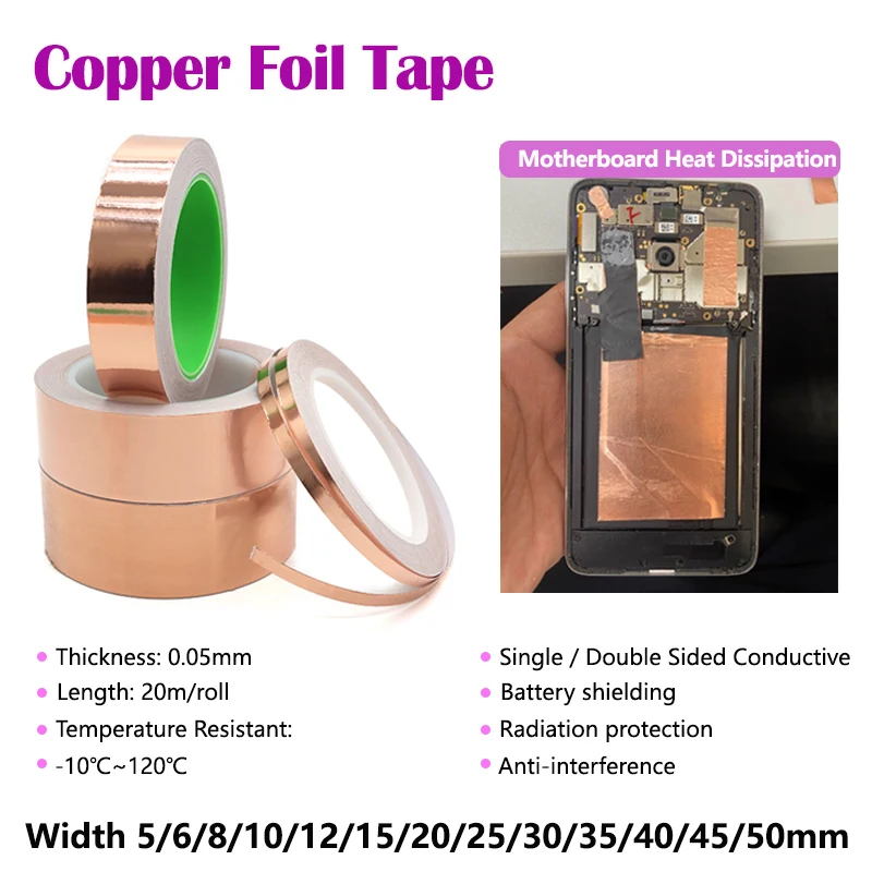 20M DIY Copper Foil Tape EMI Shielding Single / Double Side Conductive Snail Prevention Adhesive Circuit Electrical Repair Tapes