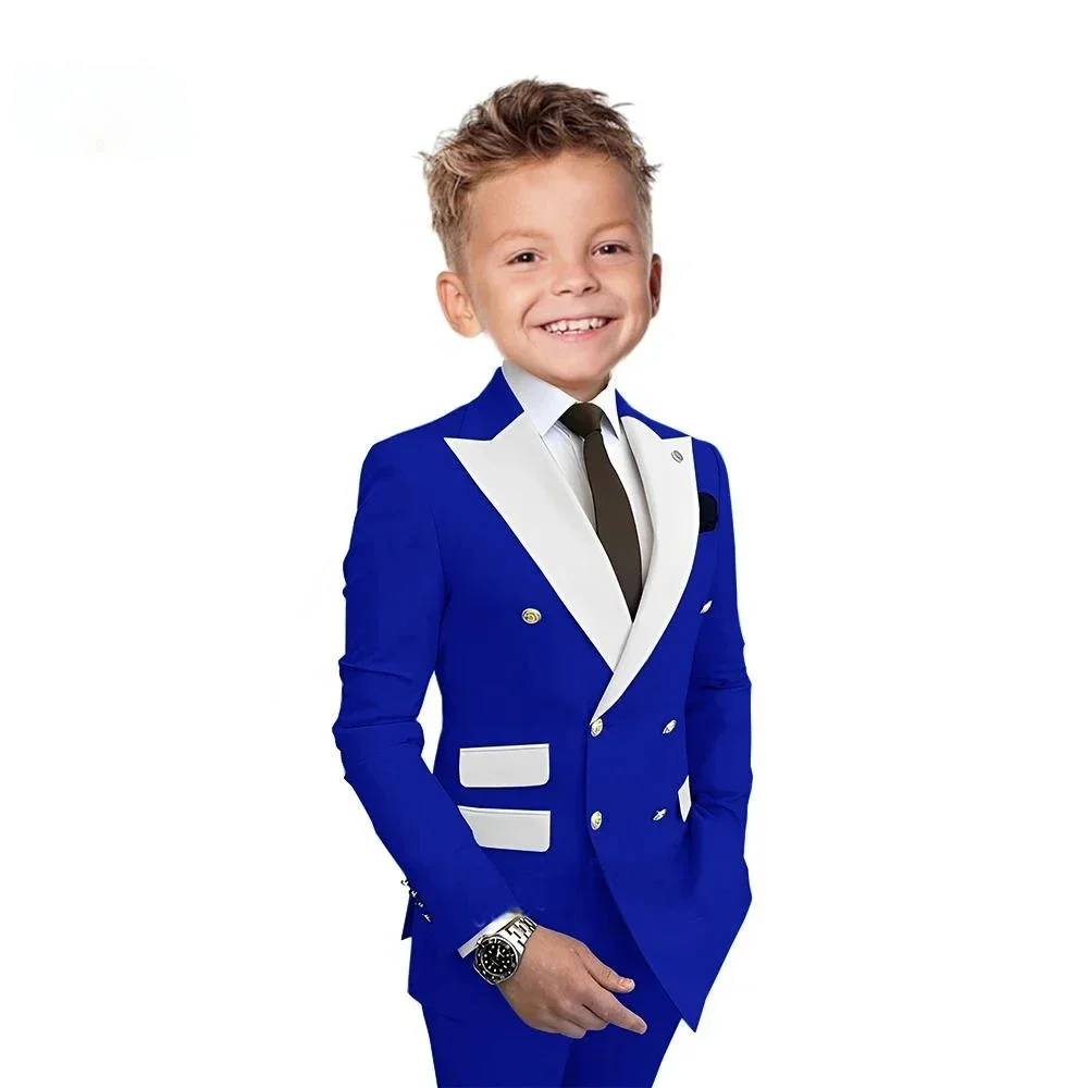 

Boy Suits for Wedding Tuxedos with Royal blue Double Breasted Kids Wear Two Pieces Slim Flit Prom Party Blazer