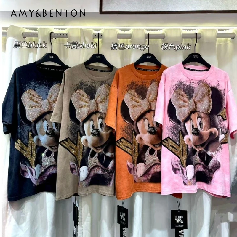 

2025 Autumn European Style Women's Fashion Pure Cotton Short Sleeved T-shirt Sweet Cartoon Rhinestone Crew Neck Pullover Tshirts