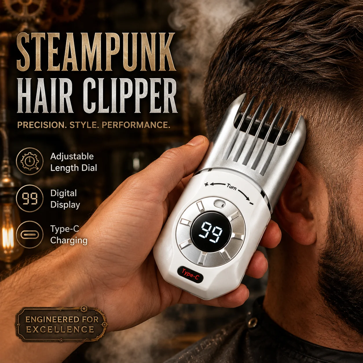 Punk-Style Professional Electric Hair Clipper, Retro Mechanical Design, Four-Speed Adjustment, Retractable Guide Comb for Freely Adjusting the Trimming Length, Smart Digital Power Display, Type-C Charging, Sharp Stainl