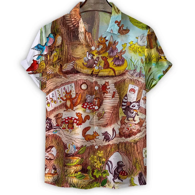 Fairy Tale Squirrel Bird Hawaiian Shirt Men Summer 3d Print Cartoon Painting Short Sleeves Shirts Harajuku Street Loose Blouse image 5