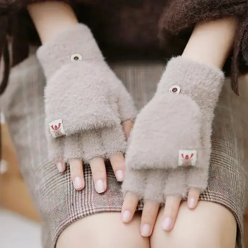 

Plush Winter Half Finger Flip Cover Gloves Warm Thickened Men Women Fashion Solid Knitted Gloves Student Writing Gloves