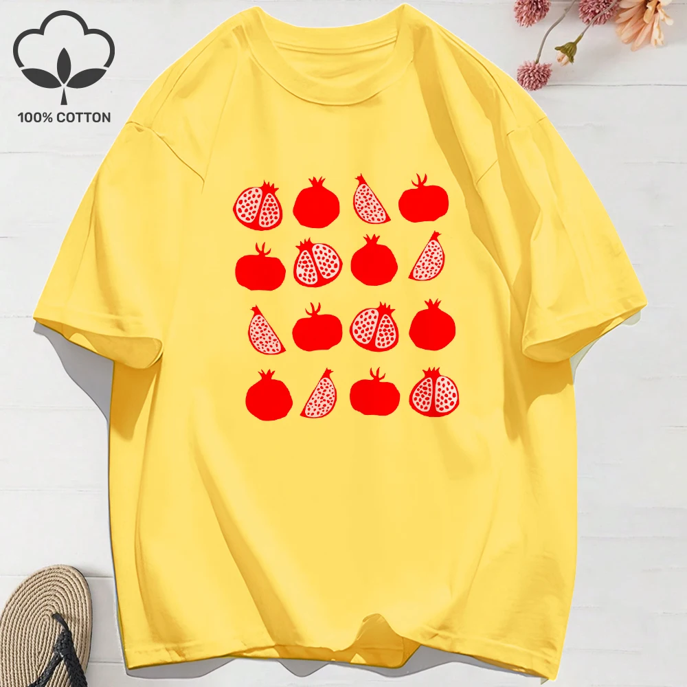 

100% Cotton Summer T-Shirts Womens Pomegranate Form Illustration Prints Tops Comfortable Soft O-Neck T Shirt Holiday Clothes