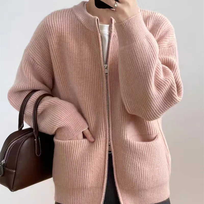 8 Colors Women Knitted Sweater Two Zippers Korean Autumn Loose Cardigan Knitwear Stand Collar Long Sleeves Coat With Pocket