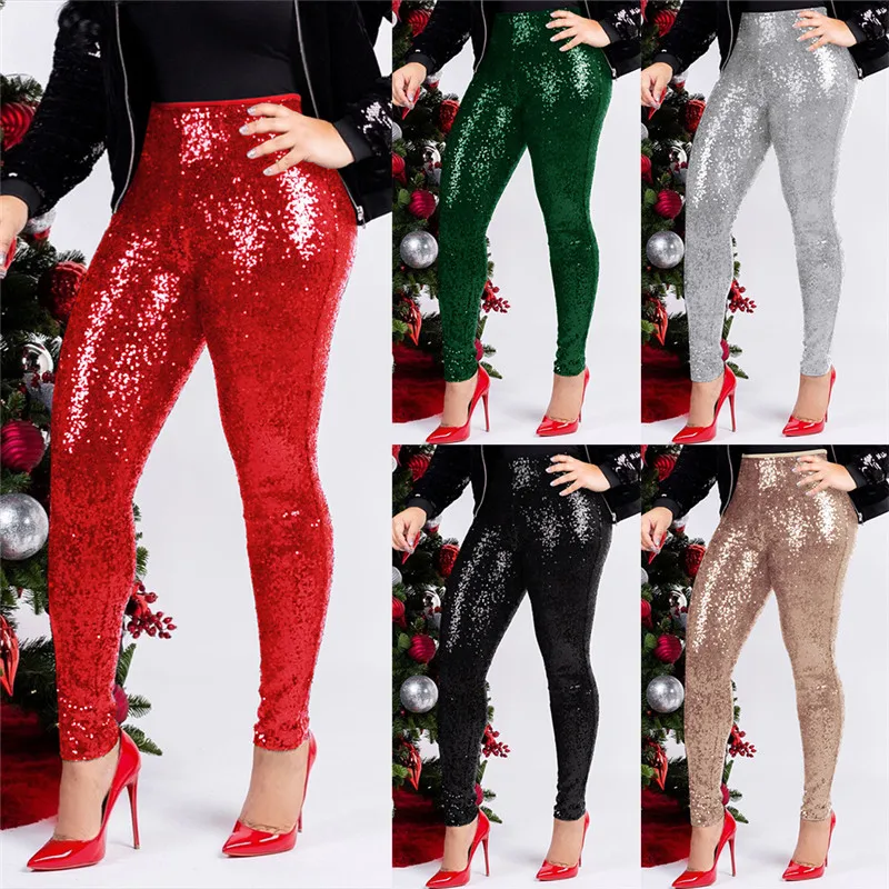 Women Rose Gold Sequin Pants Ladies Trousers Winter Slim Shiny Skinny Pencil Pants Sparkly Christmas Party Glitter Legging Pants