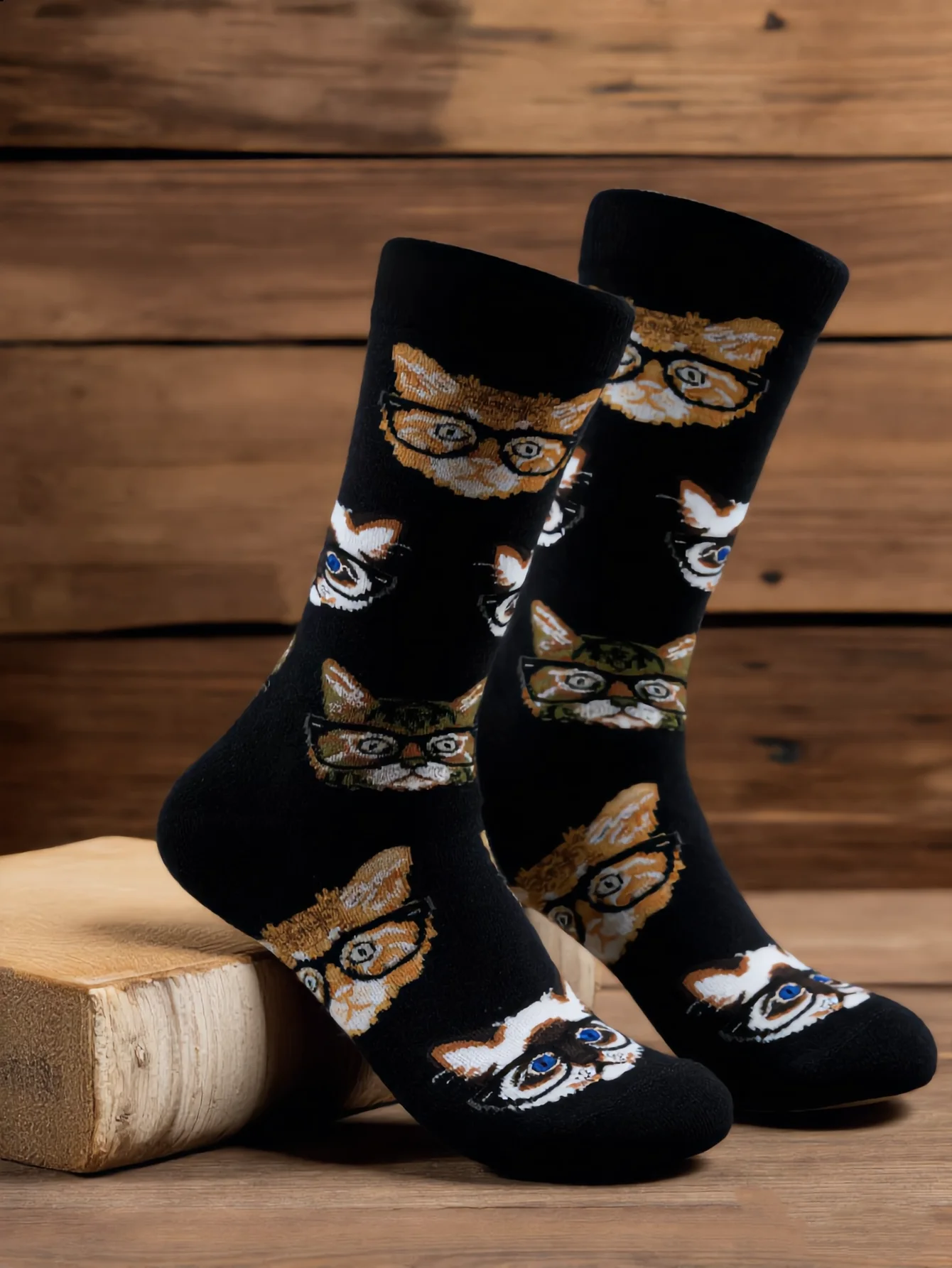 1 Par de Calcetines de Algodón con Estampado de Gato con Gafas, Calcetines Divertidos para Hombre, Calcetines de Media Pantorrilla con Diseño de Gato Inteligente, Calcetines Suaves Casuales para Skateboard