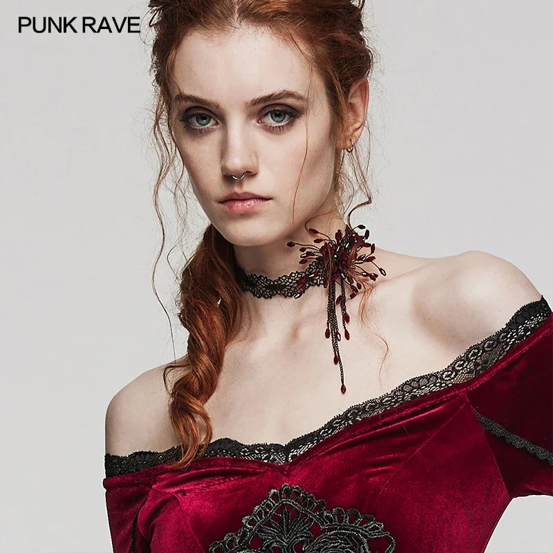 

PUNK RAVE Women's Gothic Beautiful Blood-Drop Beads Choker Exquisite Lace Temperament Adjustable Chain Pendant Accessory