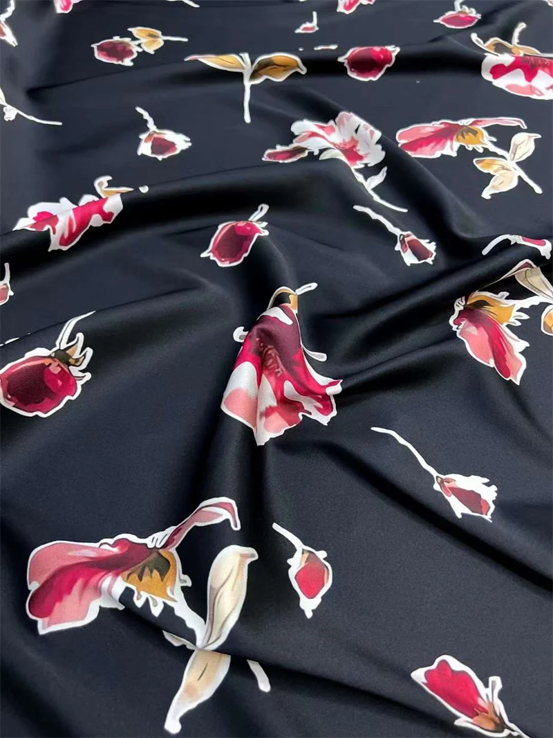 Spring New Black Background Digital Print 140cm Width 21momme Elastic Twill Mulberry Silk Fabric Hand Sewing Material By Meter