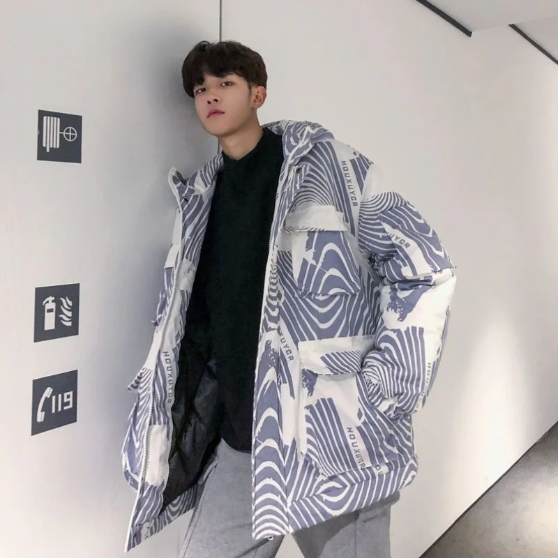 معطف شتوي من القطن فضفاض للزوجين مبطن بالقطن مع طباعة بورسلين أزرق وأبيض ملابس خارجية عصرية للرجال والنساء #3