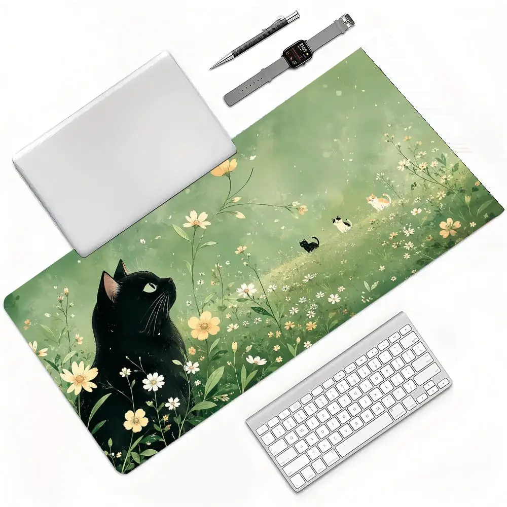 Fresh Mint Green Meadow White Daisy Lovely Kittens Soft Aesthetic Large Gaming Mouse Pad Wear Resistant Computer Mat