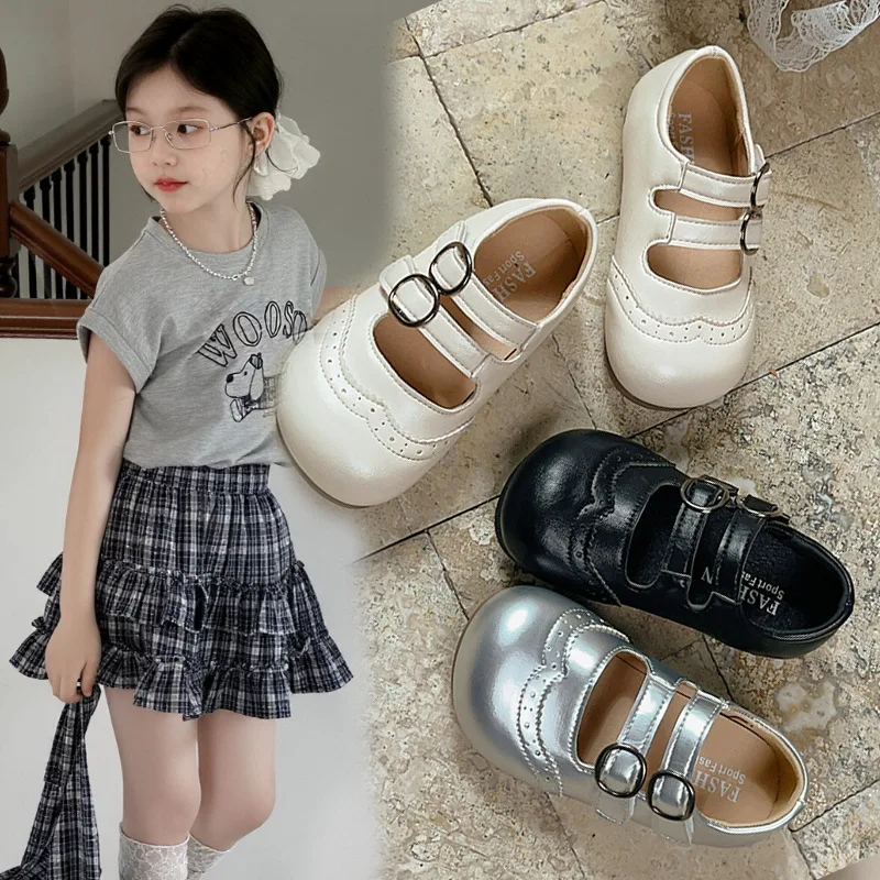 Four Seasons Comfortable Best Kids Shoes Mary Jane Double Buckle Brogue Non-Slip Soft Sole Casual Daily School Shoes for Girls