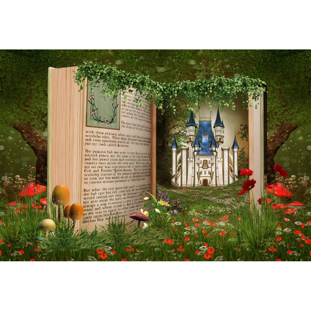 Laeacco Fairy Tale Book Photo Backdrop Enchanted Forest Flower Castle Girls Birthday Baby Shower Portrait Photography Background