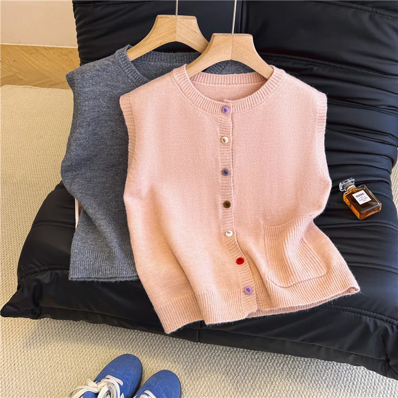 

Свободный вязаный жилет большого размера, женская верхняя одежда, осенний новый модный повседневный топ на пуговицах