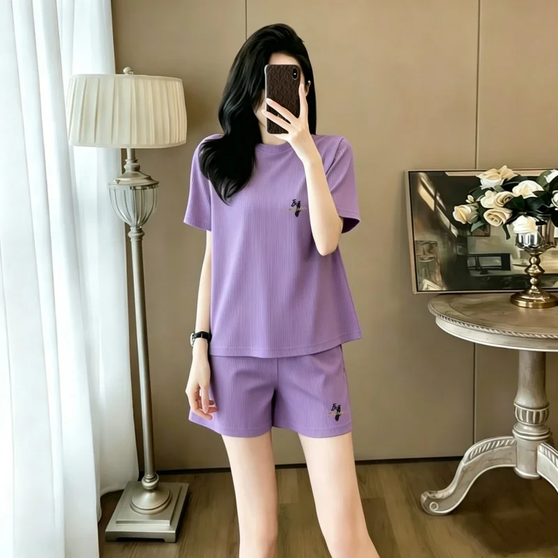 

Summer New Style Casual Sportswear Set Women's Loose Large Size Printed round Neck Fashionable Two-Piece Set Anti-Aging