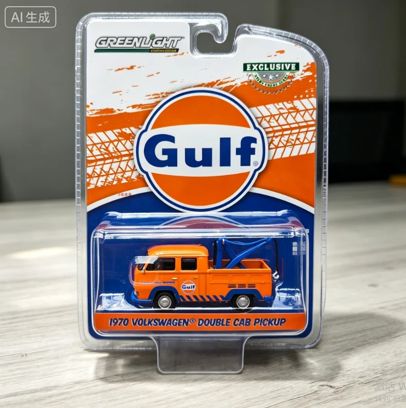 Green Light 1:64 1970 Volkswagen Dual Cab Pickup Truck With Hook - Gulf Oil Premium Gulf GasolineAlloy Car Models Collectibles,