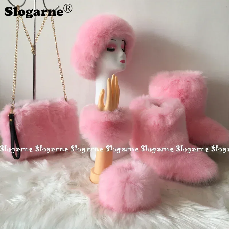 

New Women Faux Fur Fashion Sets Winter Luxury Furry Snow Boots Racoon Fur Boots Fur Purse Handbag Plush Warm Fluffy Ski Headband