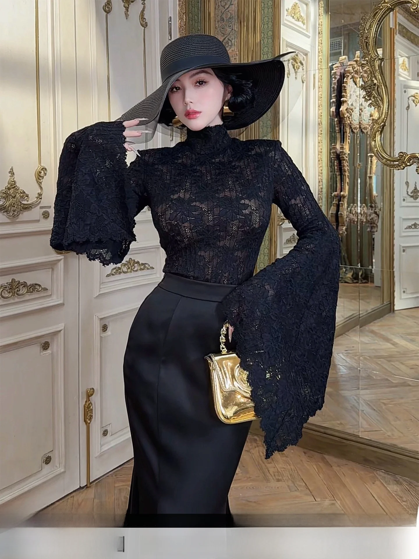 

Элегантная кружевная приталенная блузка с длинным рукавом для женщин, модный весенний повседневный топ с рукавами-колокол, стильная одежда больших размеров