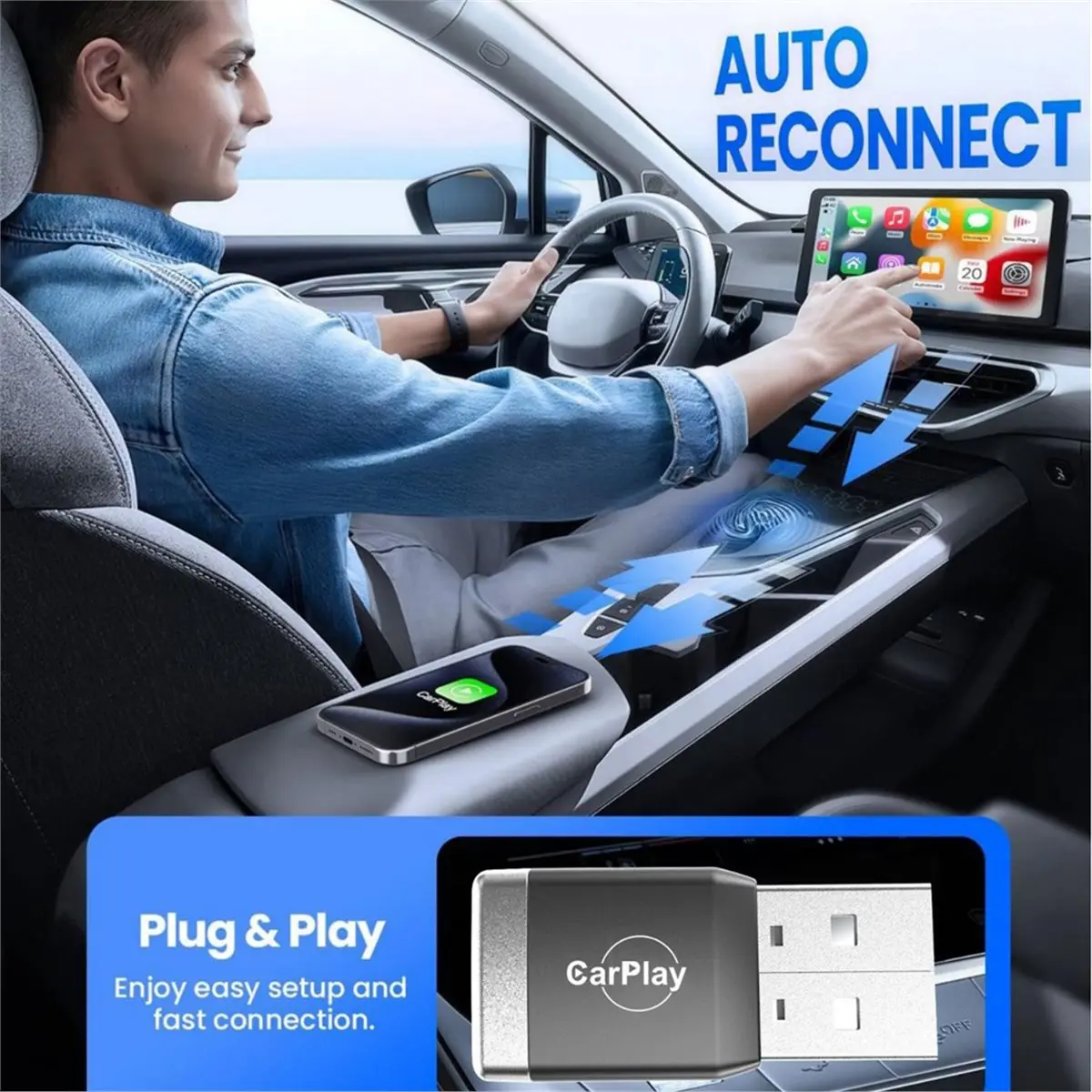 AT42 Wireless CarPlay for Android Auto Adapter,USB Wired to Wireless CarPlay Converter, Plug & Play, Auto Connect for Cars