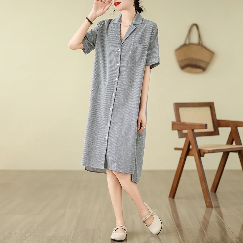 Vestido camisero de manga corta con botones para mujer, ropa informal a la moda, holgado, a rayas, longitud media, versión coreana, novedad de verano