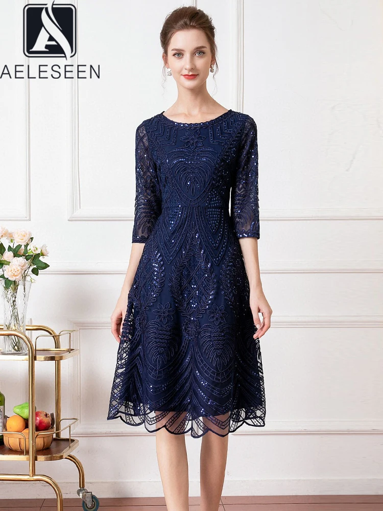 AELESEEN Designer Fashion Spring Autumn Dress Women Half Sleeve Sequined Flower Embroidery Navy Blue Pink Red Elegant Midi Offic