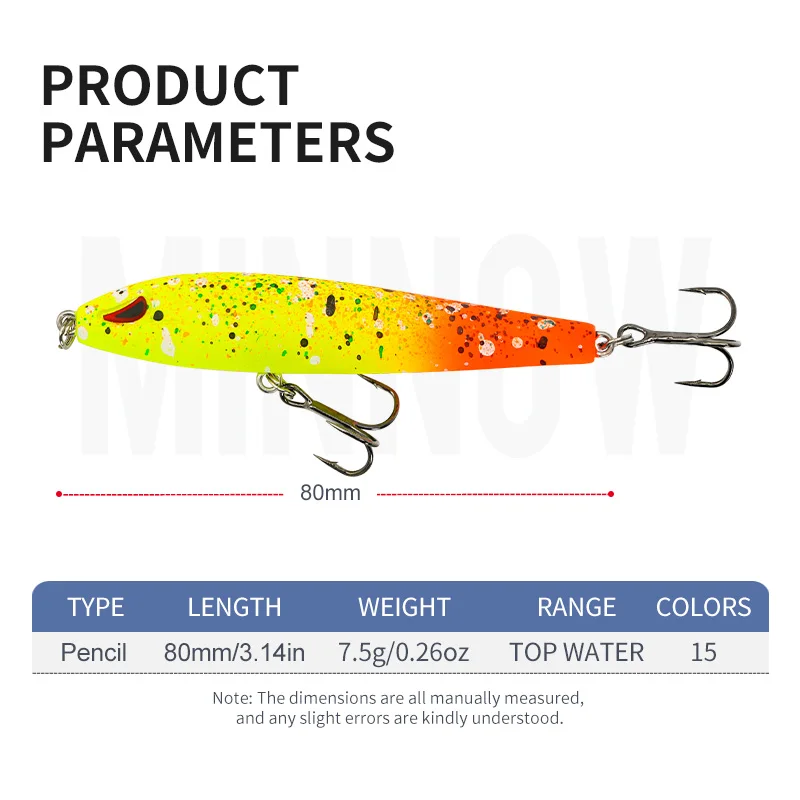 MSEASFREE Topwater Pencil Fishing Lure 80mm 7.5g Stickbait Long Casting Floating Artificial Hard Bait For Bass Pike Fishing Tool