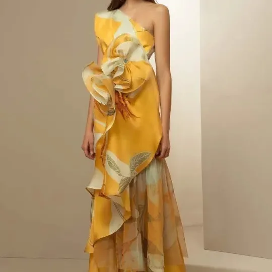 

New Party Floral Print Dress Ladies Elegant Diagonal Collar Long Dress 2025 Fashion Hollow Off Shoulder High Waist Banquet Dress