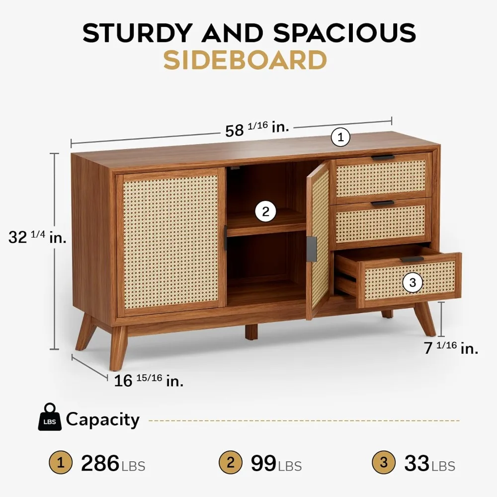 Pre-Assembled Buffet Sideboard with 3 Drawers & 2 Doors, 58