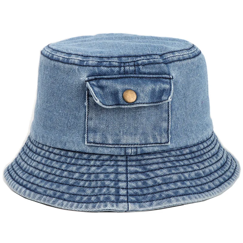 

Women new retro denim bucket hat with pocket short brim outdoor sports hilking washed pockets fashion sun protection basin hats