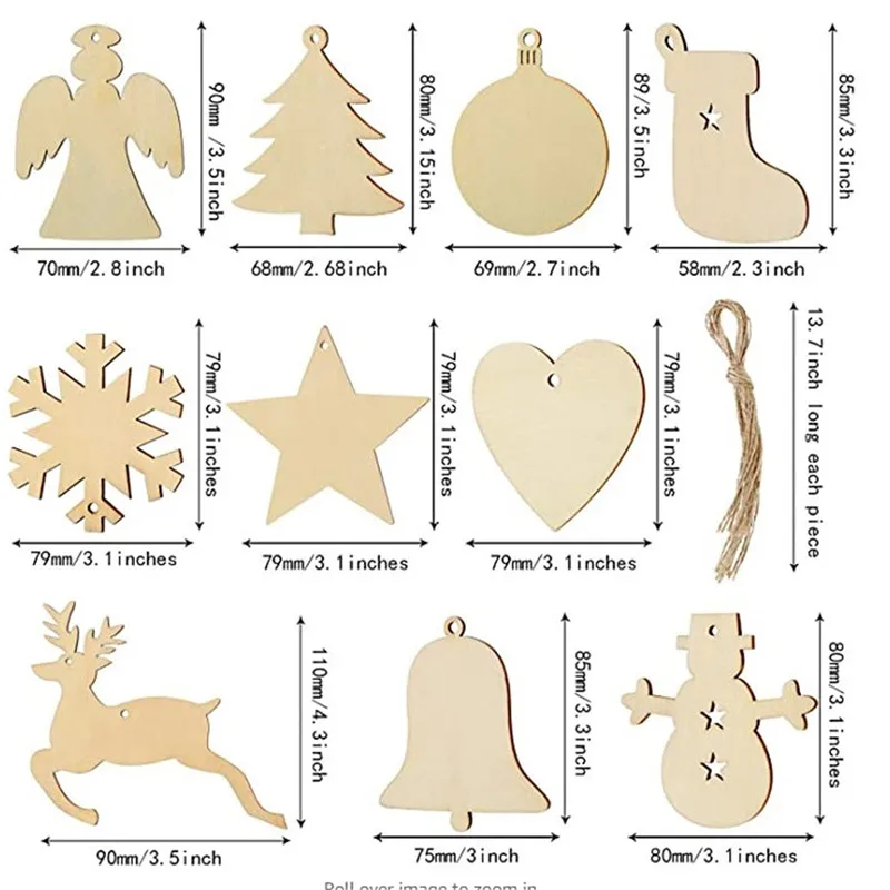 10 Blank Wooden Christmas Tree Decorative Pendants with Hemp Rope Decoration DIY Process Decoration