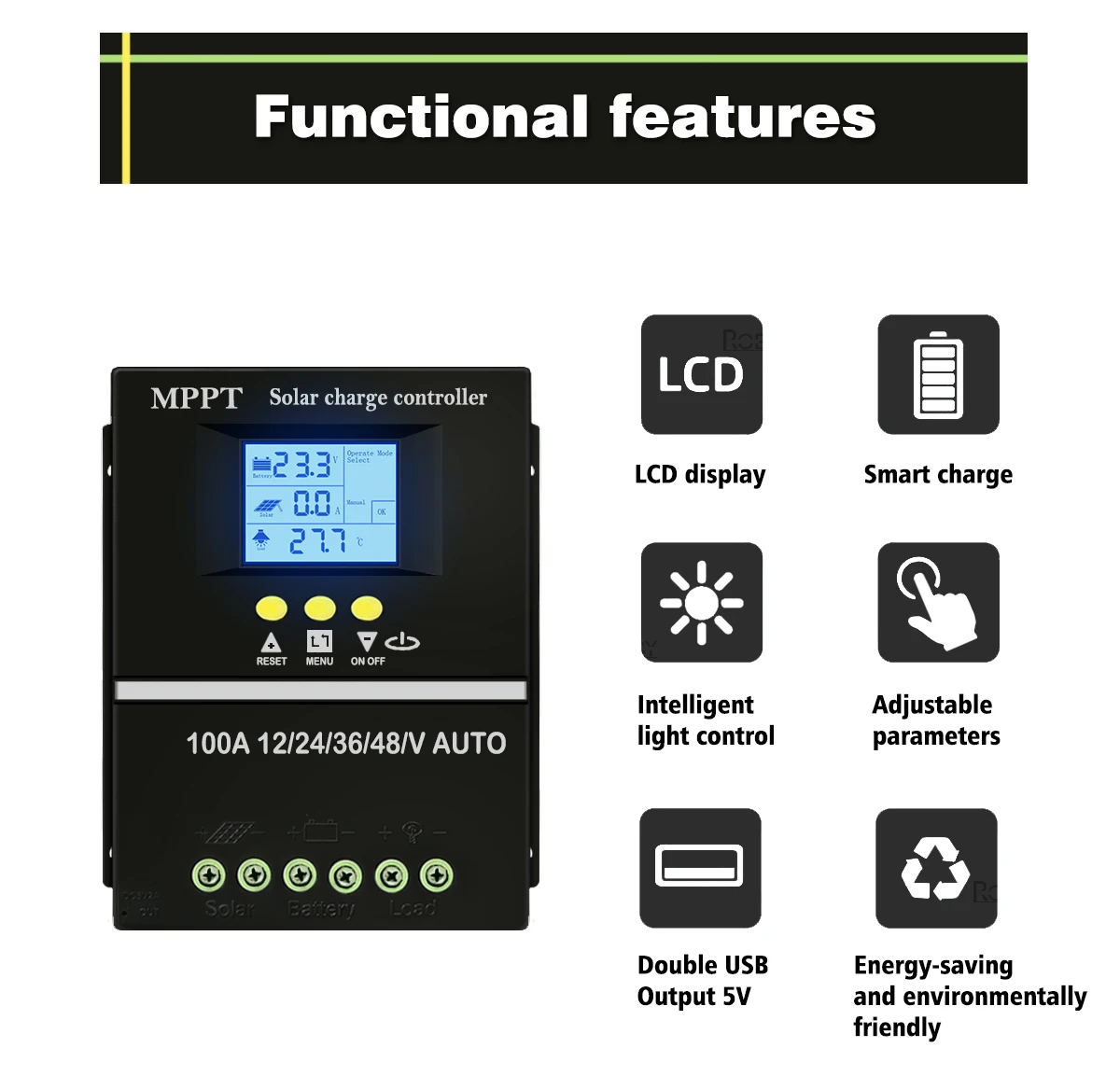 Imagem -04 - Roexby-ferramentas Controlador de Carga Solar Lcd Dual Usb Carregador Rápido Chumbo Aacid Bateria de Lítio Mppt 100a 80a 60a 12v 24v 36v 48v