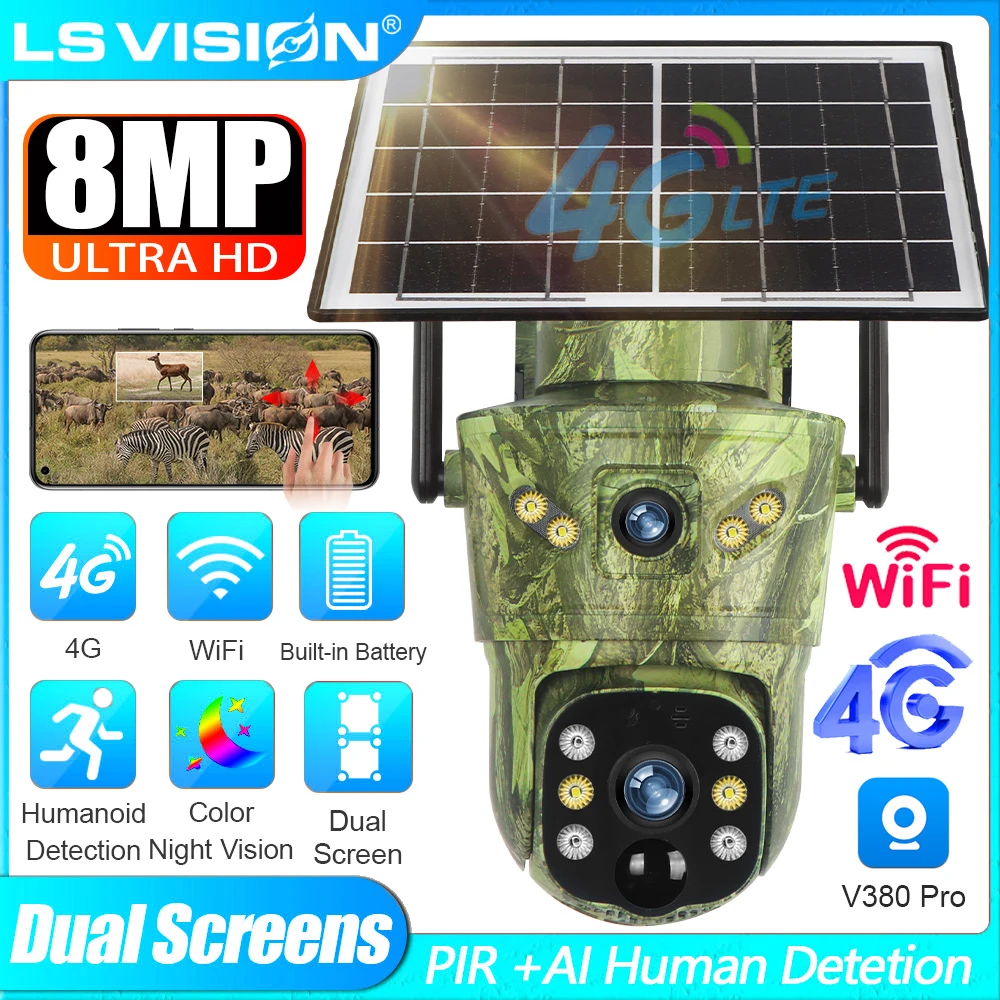 

LS VISION 8MP 4G Solar Security Camera Dual Screens Outdoor WiFi Surveillance Camera Human Auto Tracking CCTV Cameras V380 Pro
