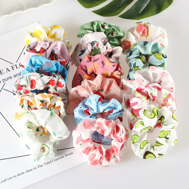 

Fashion Printing Fruit Strawberry Avocado Scrunchies Women Girls Tie Ponytail Elastic Rubber Band Wholesale