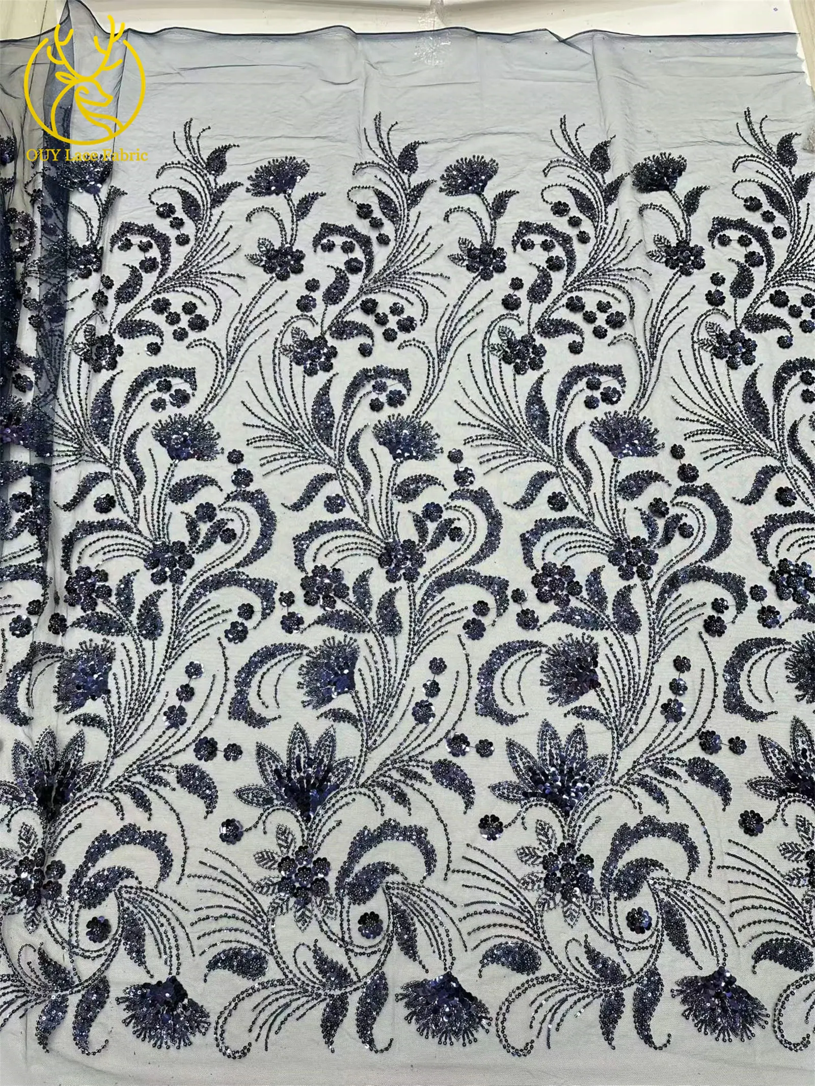 Eleganter 5-Yard-Paillettenstoff mit Kleinen Blumen, Afrikanischer Perlen-Pailletten-Spitzenstoff, Nigerianischer Luxuriöser Pailletten-Netzstoff für Kleider und Näharbeiten – Detail 17