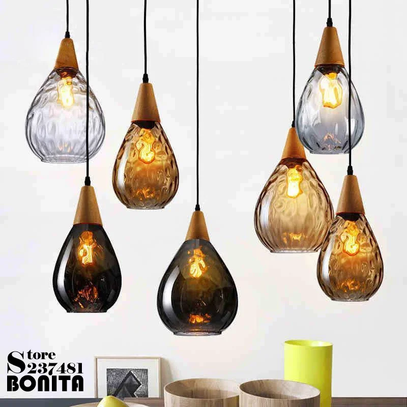 Northern Europe Droplight Waterdrop Glass Hanging Lights Bedroom Solid Wood Water Pattern Led Pendant Lights