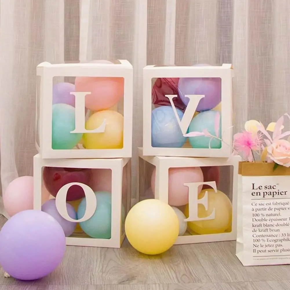 Balloon Box Clear Paper Box With Letter Stackable DIY Assembly 25 X 25cm Cube Box For Graduation Wedding Birthday Party Decor