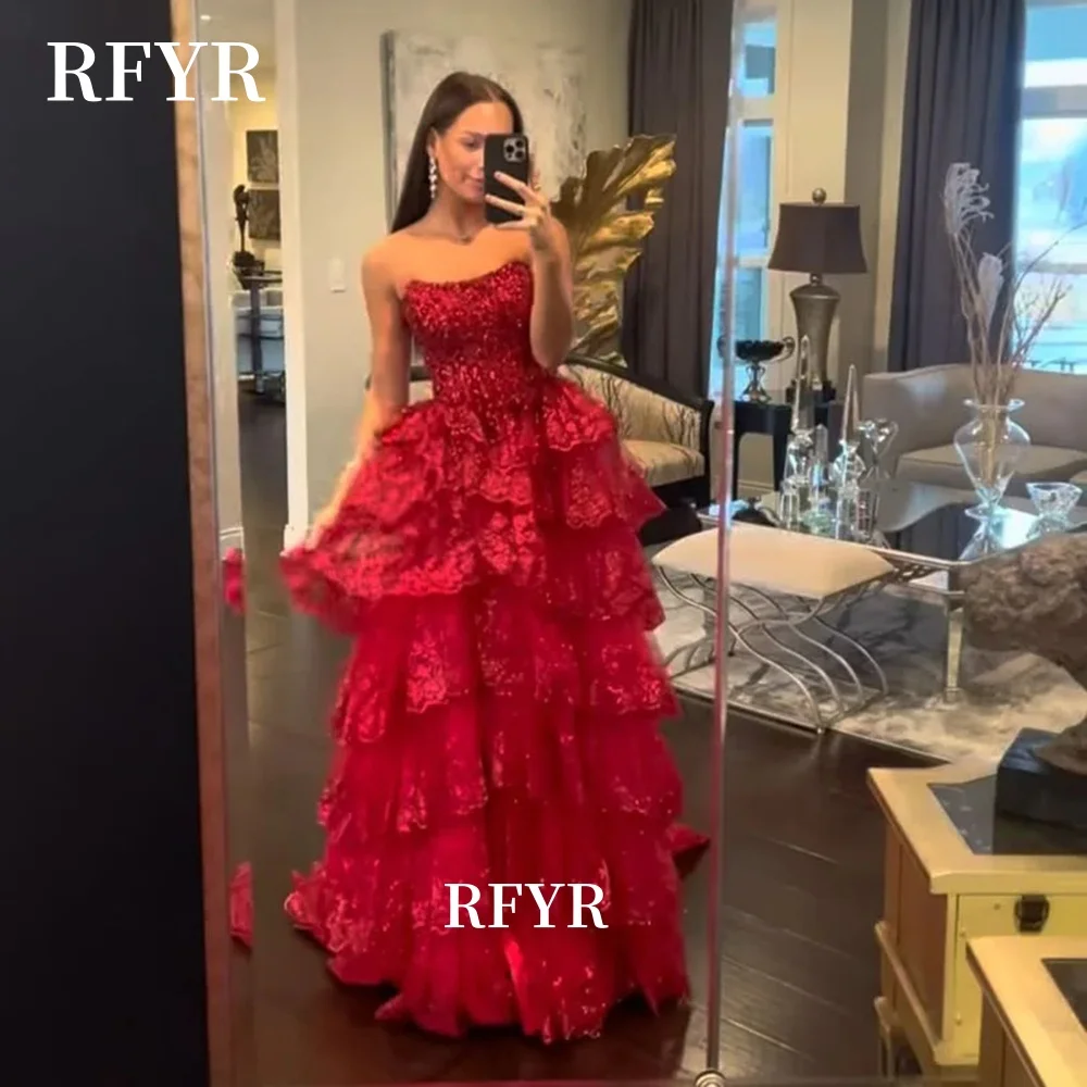 

RFYR A Line Evening Dress Scoop Neck Prom Dress Lace Applique Vestidos De Noche Shiny Party Dress High Slit Gala Gown Customized