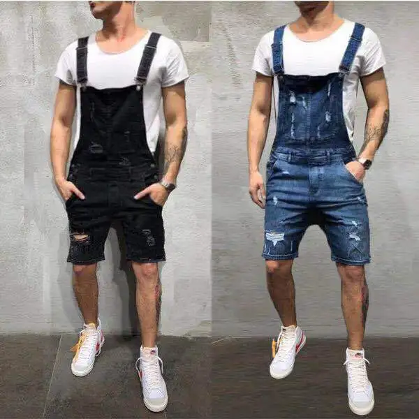 2025 Men Overalls Playsuits Denim One Piece Jeans Shorts Rompers Washing Slim Fit Holes Pockets Distressed Spliced Streetwear