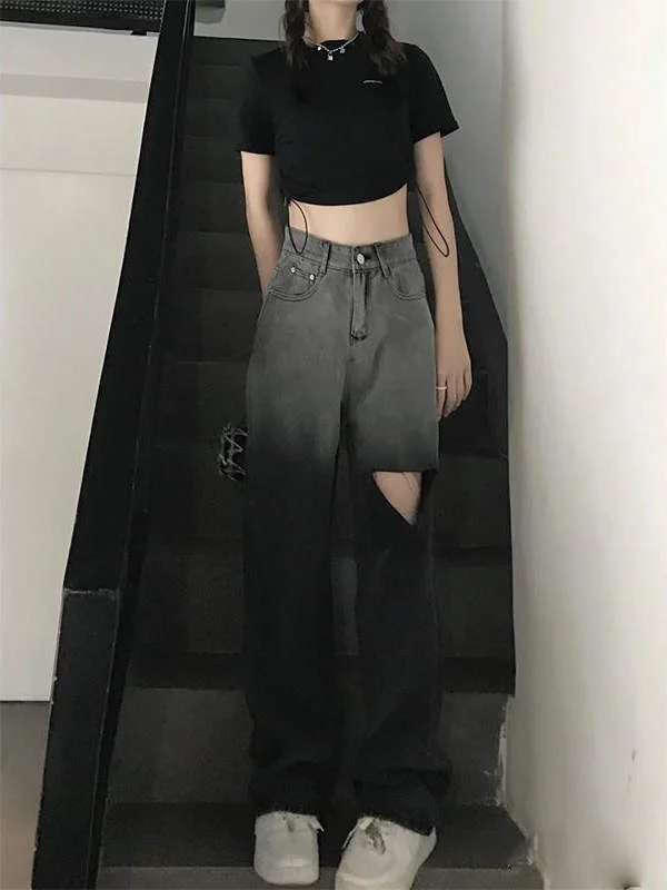 

aduated Vintage Hole Denim Jeans Women's High Waist Straight Leg Small Size Wide Leg Pants Vintage Floor-Length Pants