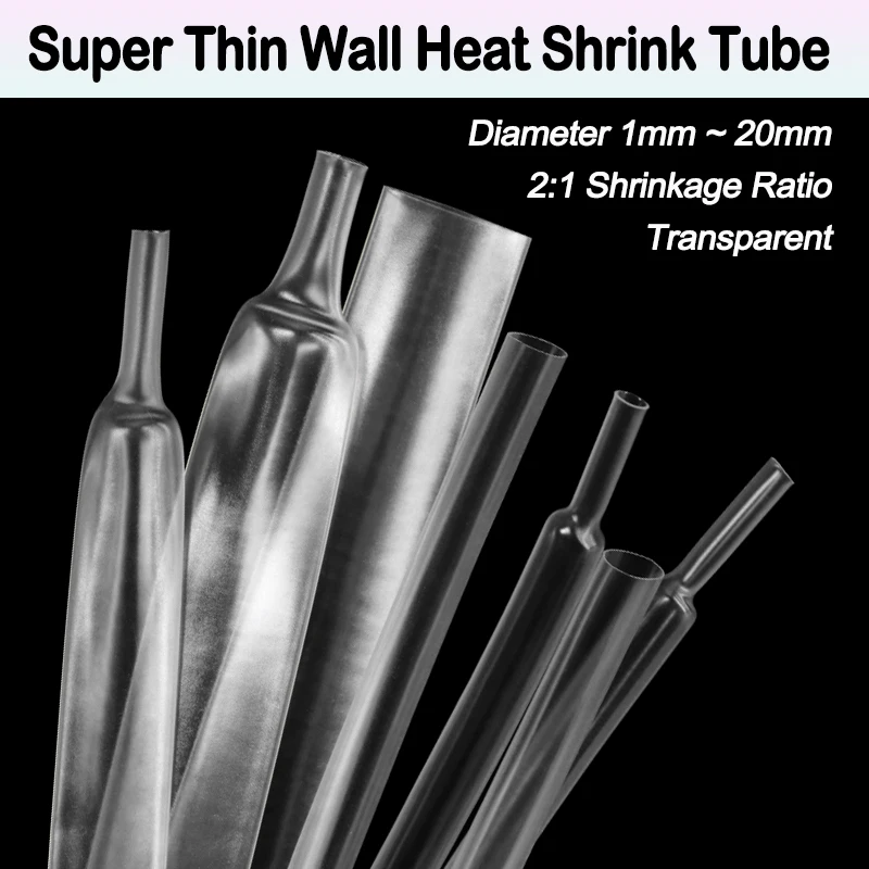 2/5/10m Superdünner, weicher, schrumpfbarer Schlauch, transparent, 1mm ~ 20mm, 2:1 Schrumpfschlauch für Kopfhörerkabel, Audiokabelhülle