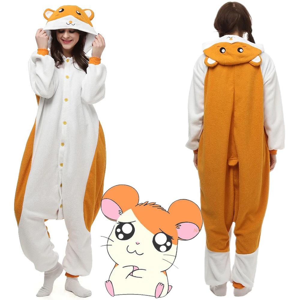 Men Animal Hamster Hamtaro Hooded Pajamas Costume Winter Women Onesies Adult Pyjamas Cosplay Homewear For Halloween Xmas party