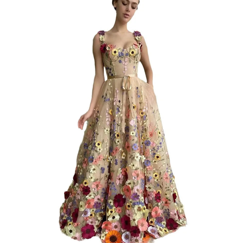 Elegant Evening Dresses For Women 2024 Summer Fashion 3D Flower Embroidery Pastoral Casual Party Dress Saudi Arabia فساتين سهرة