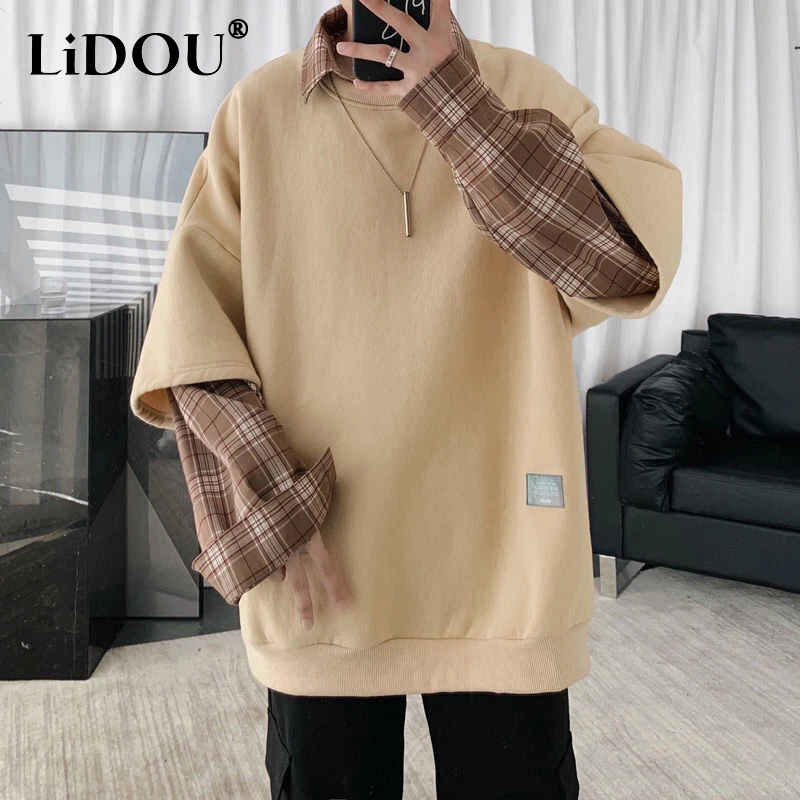 Spring Autumn Fashion Patchwork Fake Two Pieces Plaid Sweatshirts Men Y2K Pullover Loose Tops All Match Streetwear Male Clothes