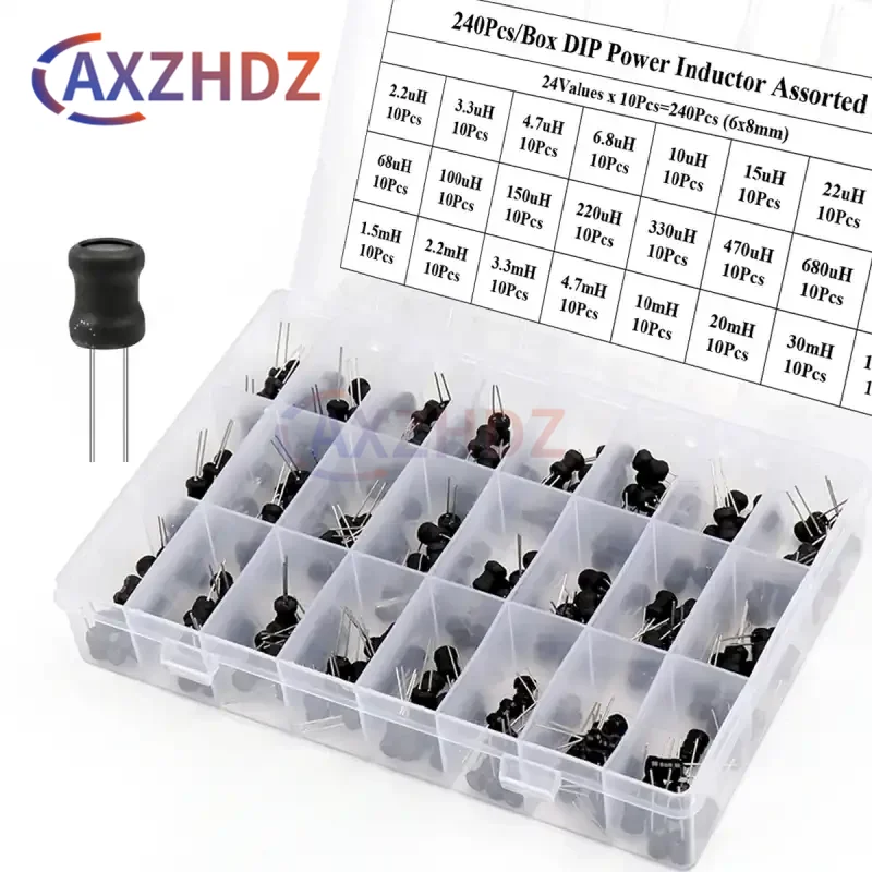 240PCS 6x8 I-Shaped Power Inductor Kit Box 2.2/3.3/4.7/10/15/22/33/47/68/100/220/330/470/680uH/1mH/2.2/3.3/4.7/10/20/30/100MH