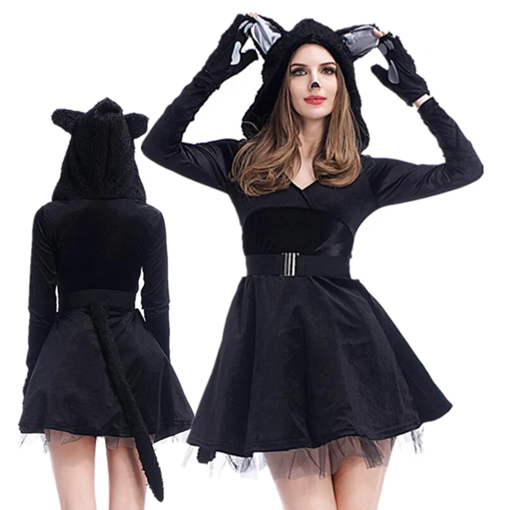 

Adult Fantasia Lady cosplay Cat Costume Black Cat Full Set Halloween Costume Masquerade Party Dress