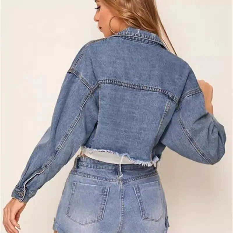 spring new Vintage hole denim short jacket women single-breasted casual jeans coat Clothes Female loose Outwear streetwear T498