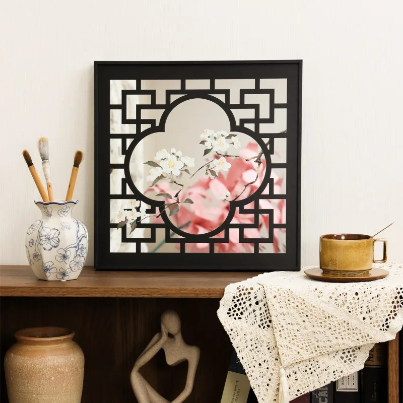 Chinese Style Plum Blossom Window Frame Mirror Living Room Wall Art Decorative Painting Hanging Ornament Entryway Mural Decor