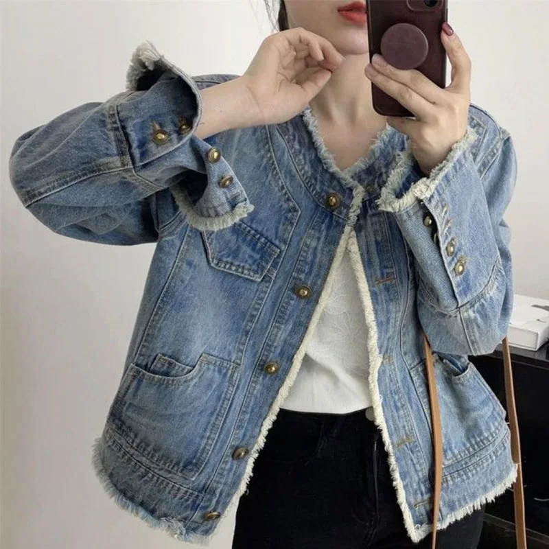 

Autumn Female Round Neck Outwear Spring Lady Long Sleeves Casual Loose Cowboy Jacket European Women Fashion Patchwork Denim Coat